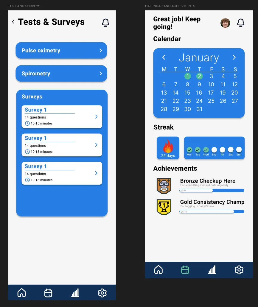 Tests and surveys screen, calendar view with streak tracker and achievement badges