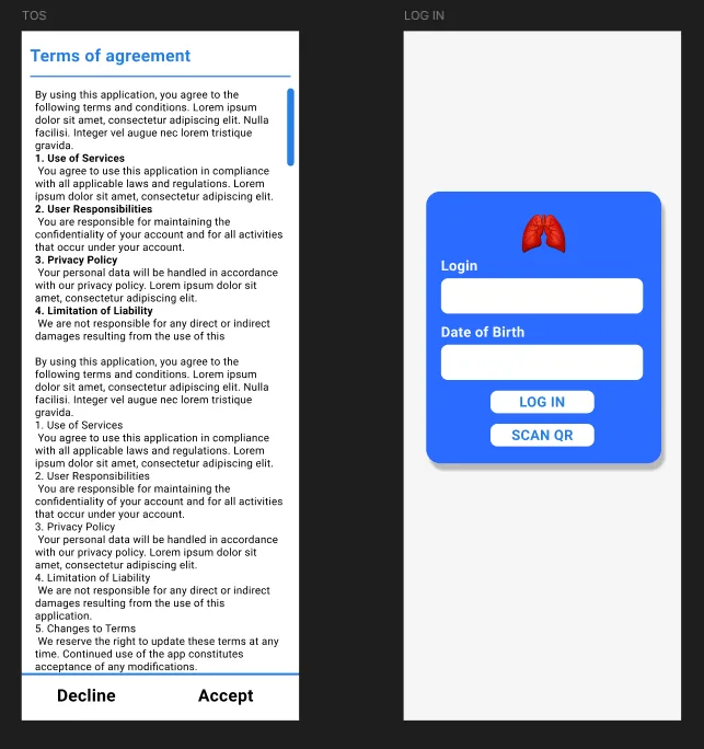 High-fidelity screens: terms of agreement and login with QR scan option
