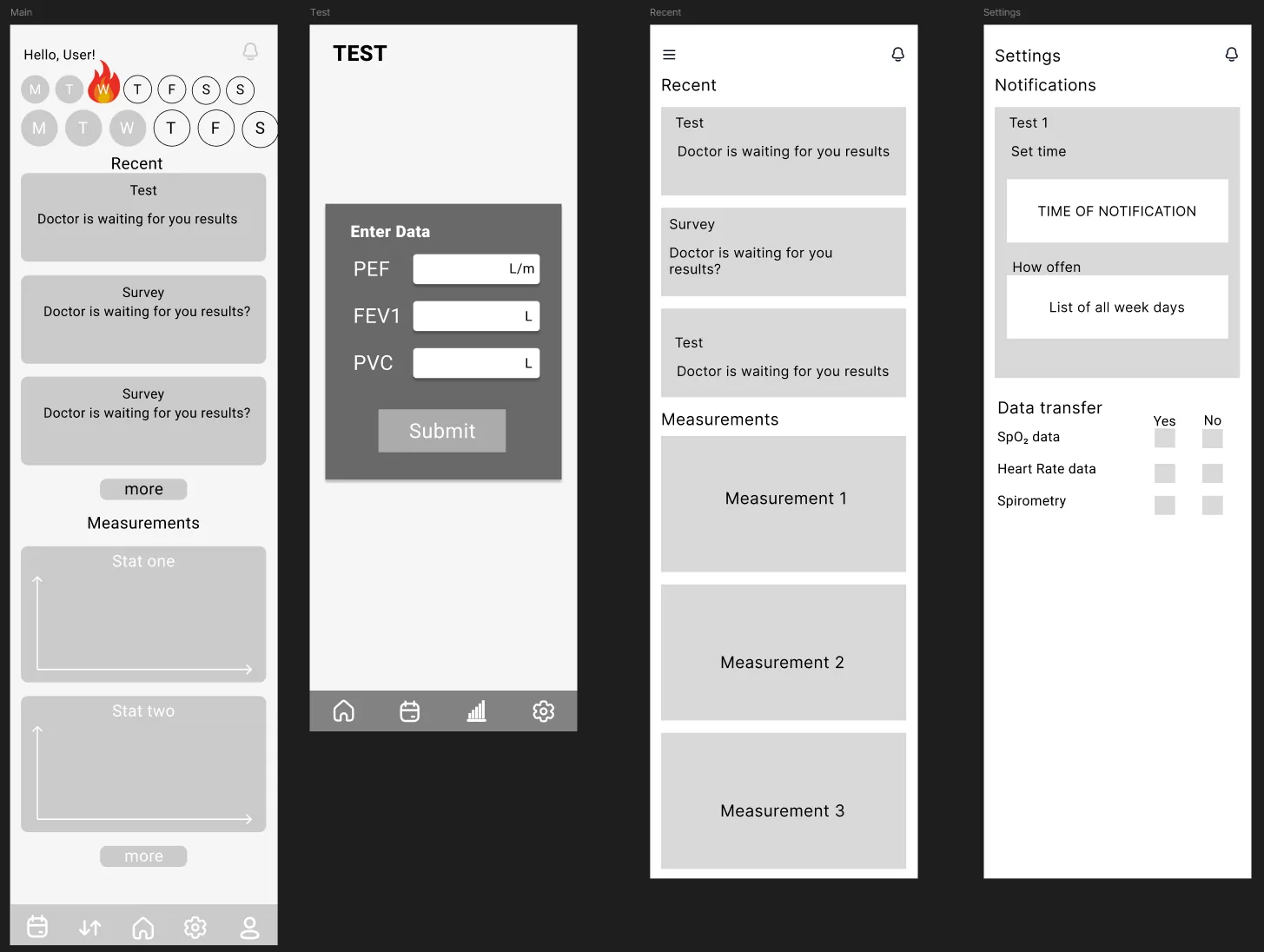 Low-fidelity wireframes: main dashboard, data entry, recent history, and settings