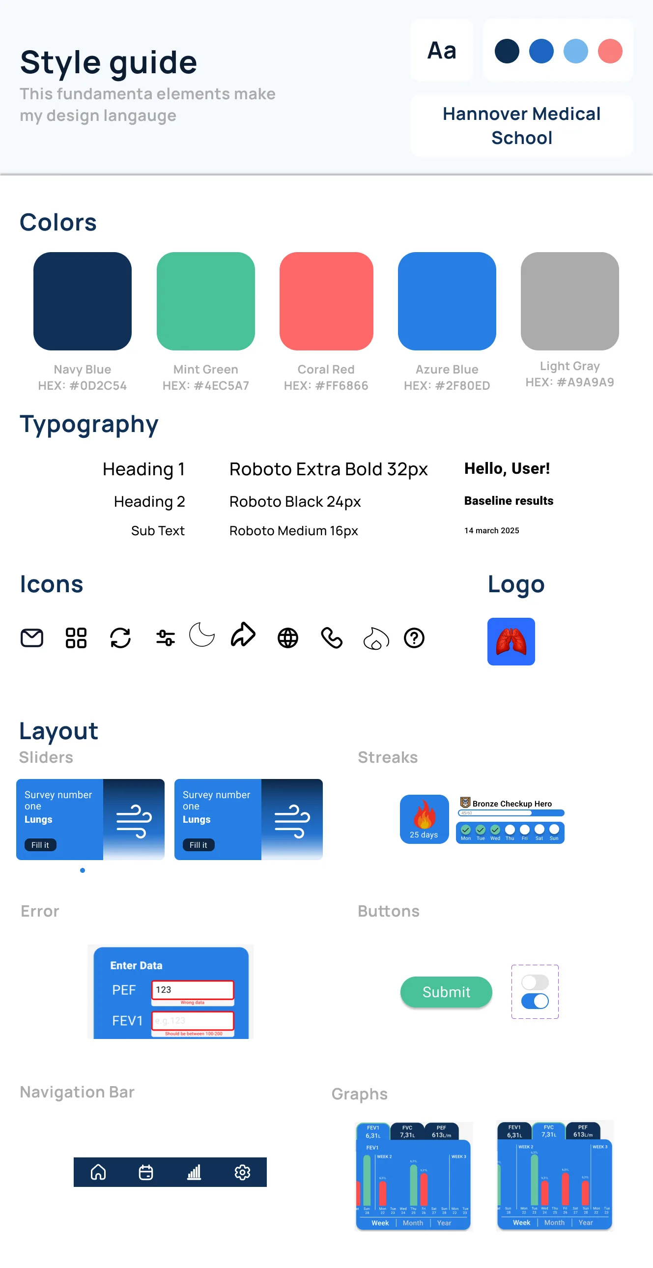Style guide: colour palette, typography, icons, buttons, sliders, and graphs