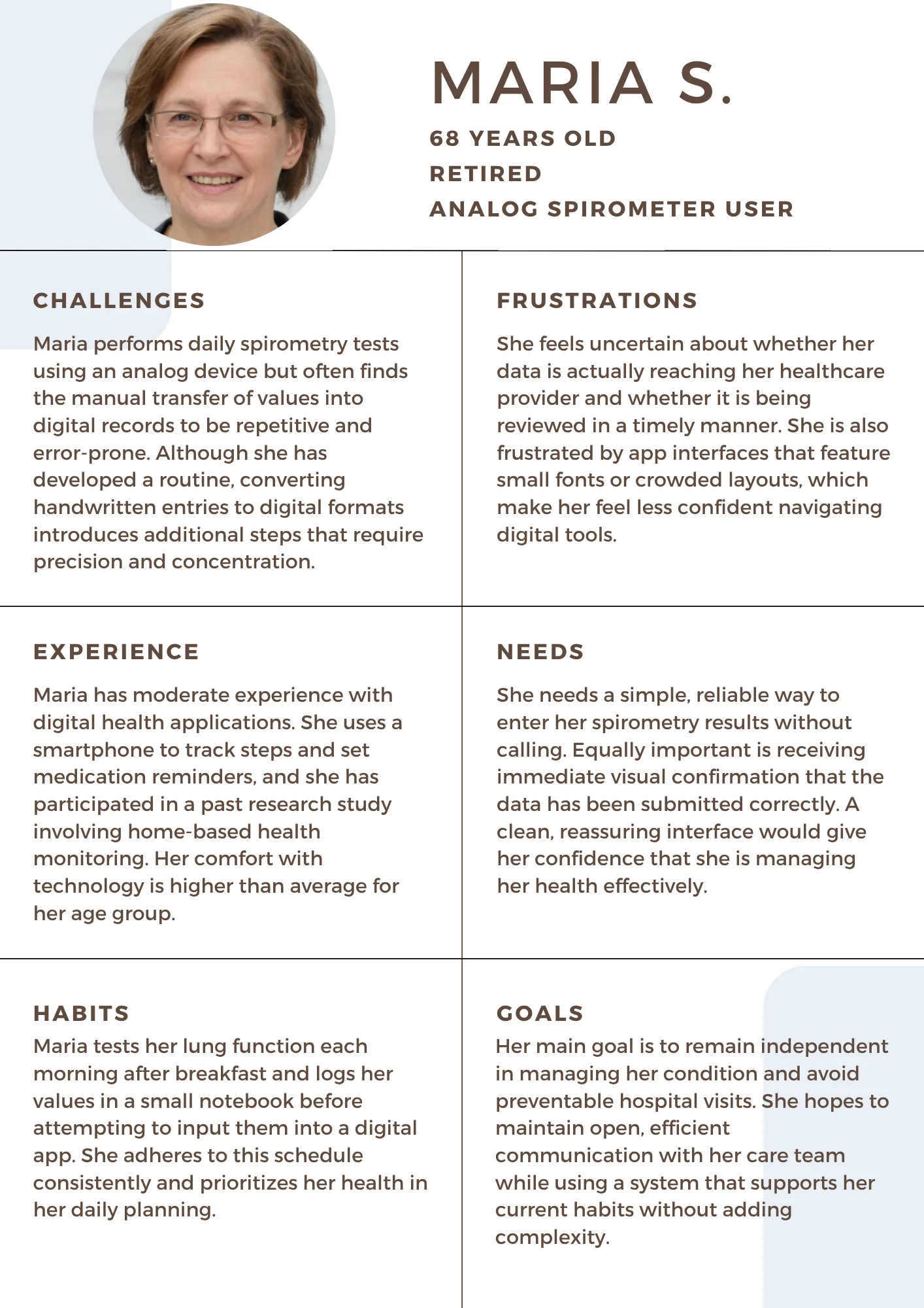 Persona: Maria S., 68, retired, analog spirometer user