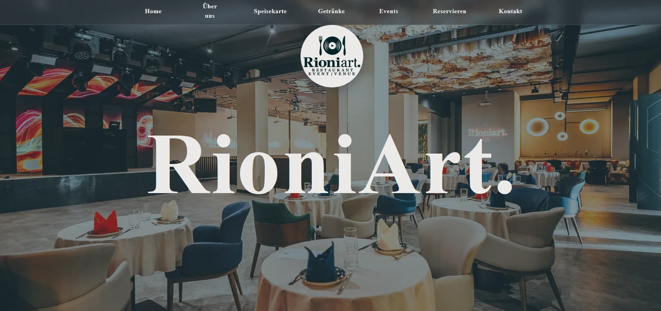 Screenshot of the RioniArt homepage hero on desktop, wordmark over the bar photo