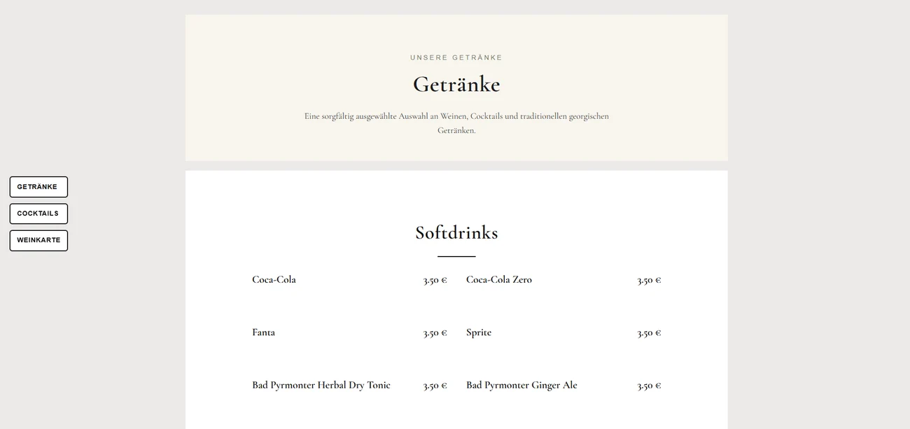 Screenshot of the drinks menu, showing the Softdrinks category as a two-column price list