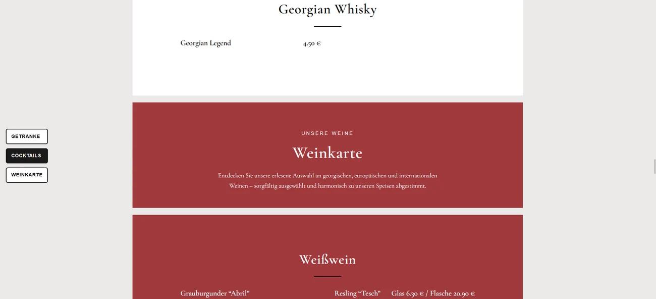 Screenshot of the left-side quick-jump buttons labelled Getranke, Cocktails, and Weinkarte