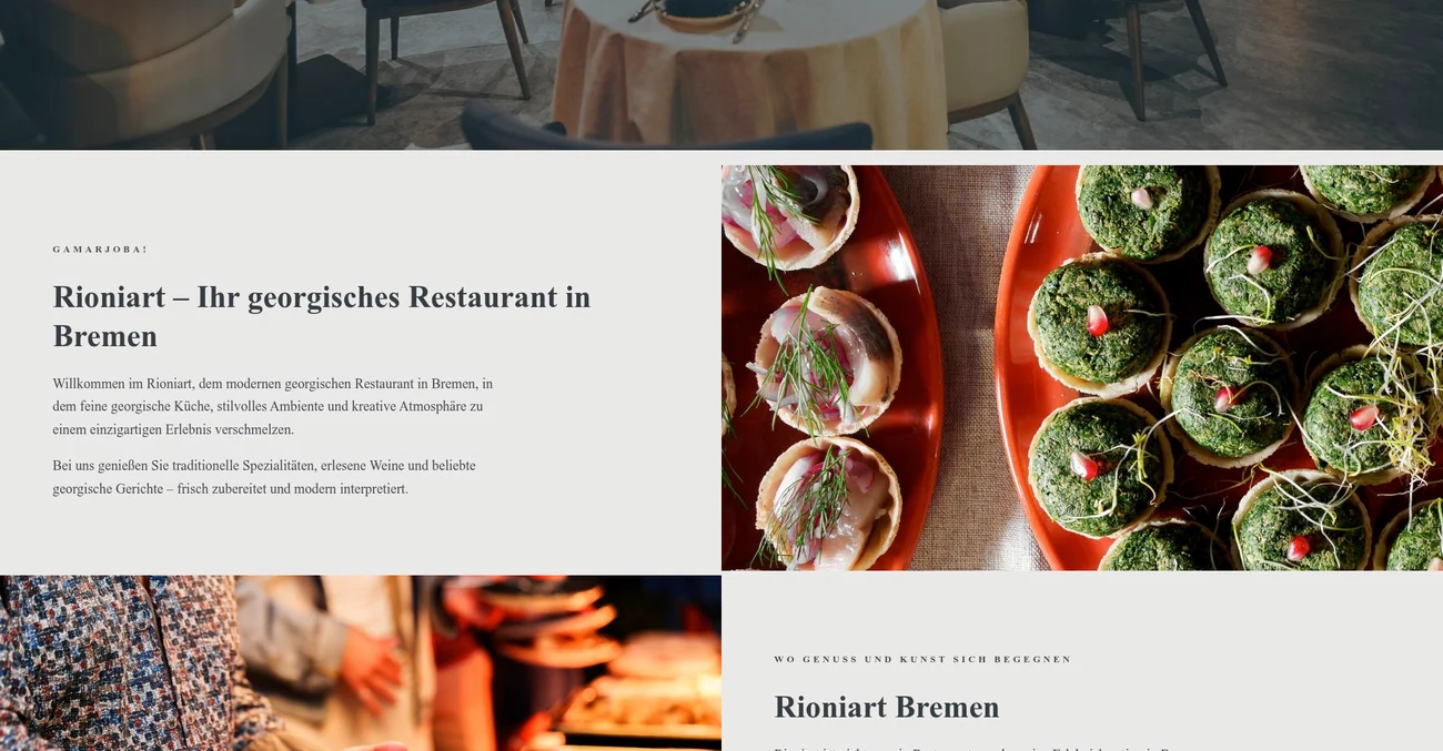 Screenshot of the Uber uns (About) page, opening on the GAMARJOBA welcome text next to a food photo